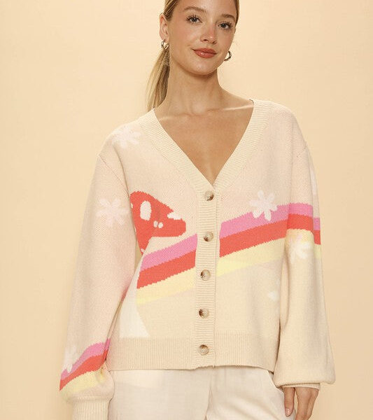 Retro stripe mushroom knit cardigan